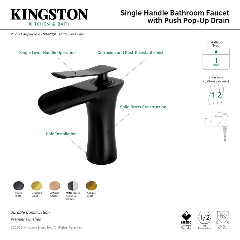 Kingston Brass Executive Single-Handle 1-Hole Deck Mount Bathroom Faucet with Push Pop-Up, Brushed Brass
