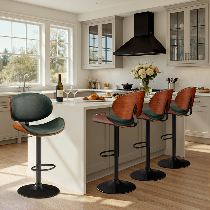 Swivel Adjustable Height Bar Stool With Metal Frame Upholstered  Counter Stool With Bentwood, Green