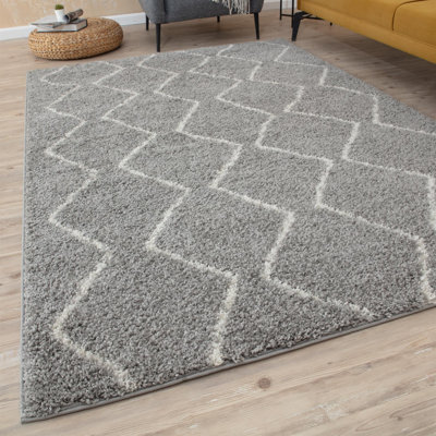 Moroccan Shaggy Collection Rugs Boho Design in Grey/Ivory
