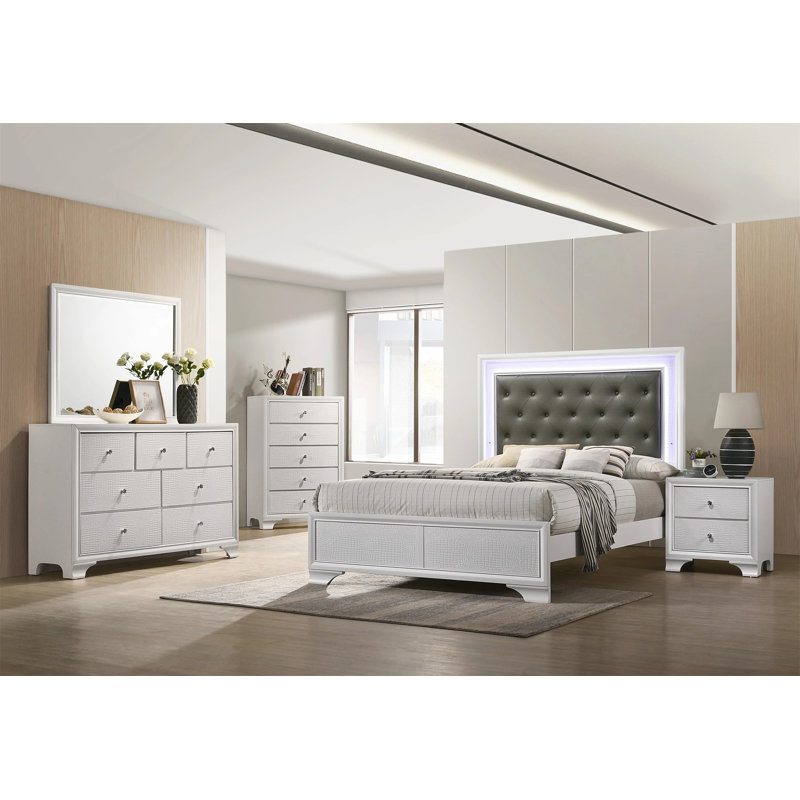 Lit à panneau tapissier Brune avec lumières DEL. Lit plateforme, lits, Grand lit, Blanc