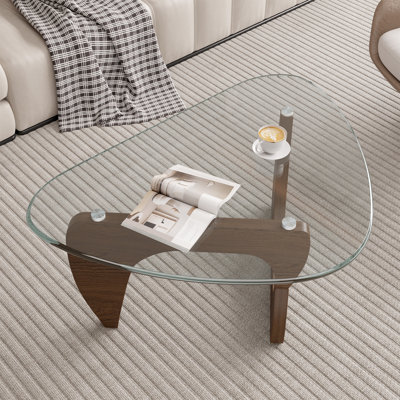 Modern Triangle Coffee Table, Tempered Glass Top & Curved Wooden Base for Living Room