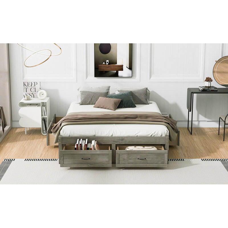 Lit plateforme avec 6 tiroirs de rangement, Gris antique, Grand lit
