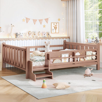 Lit grand format avec bibliothèques de rangement, lit pour enfants en bois massif avec de jolis escaliers et garde-corps, aucun sommier nécessaire, naturel