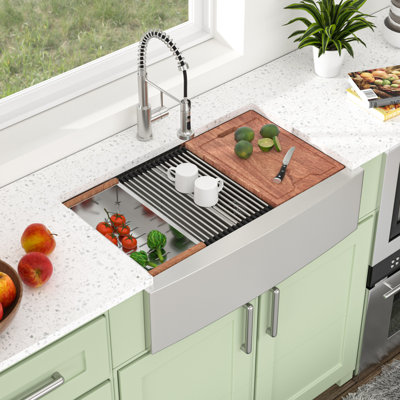 Évier de cuisine de style ferme, tablier 36 po x 22 po, calibre 16, double cuve à séparation basse, en acier inoxydable T304