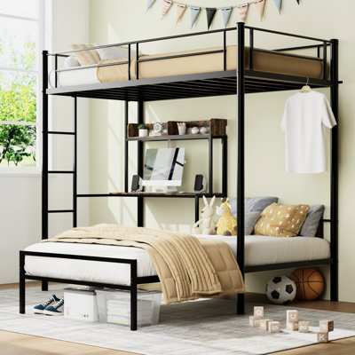 Lit simple superposé au-dessus noir avec bureau, station de charge et rangement, garde-corps en L en forme de L, pour adolescents, peu encombrant, conception de construction