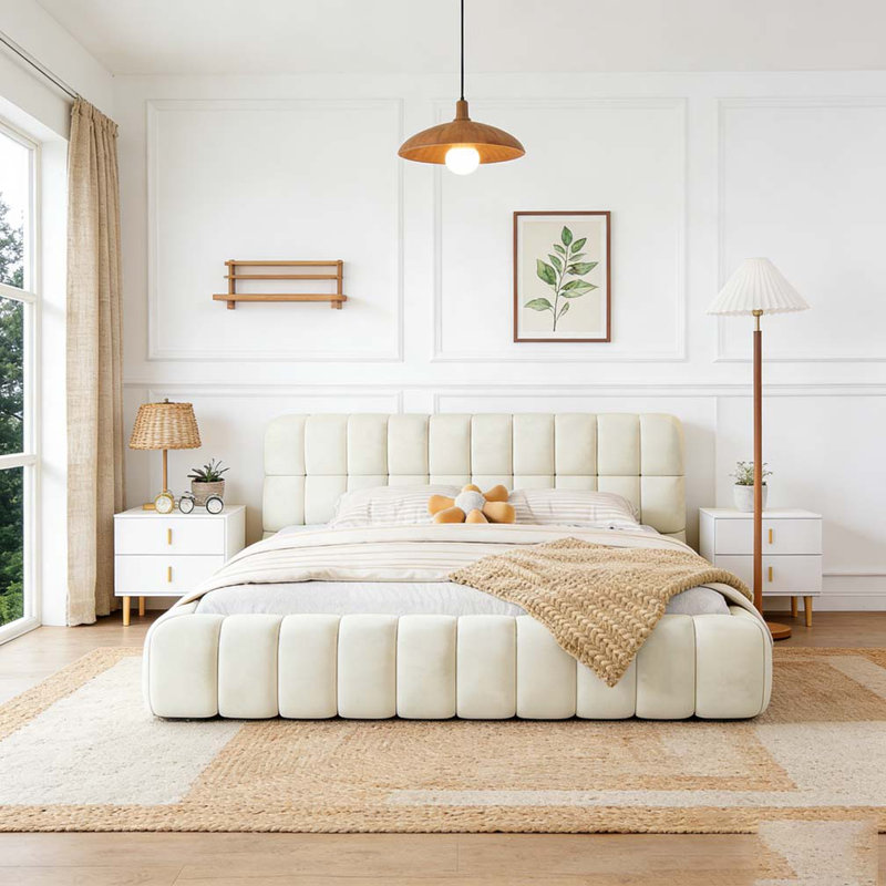 Très grand lit plateforme tapissier avec tissu épais, Beige