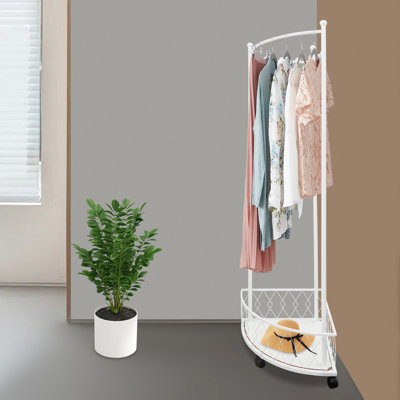Portant d'angle avec roulettes, support de rangement mobile avec crochets et tablette