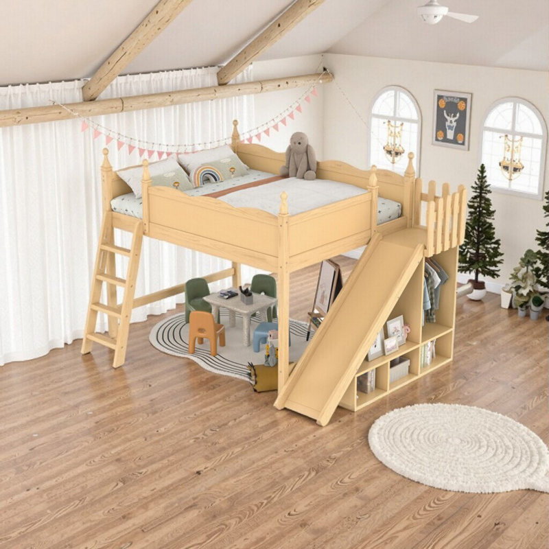 Lit mezzanine en bois massif avec tablettes de rangement, garde-robe et glissade amovible pour enfants, taille simple / double / grand