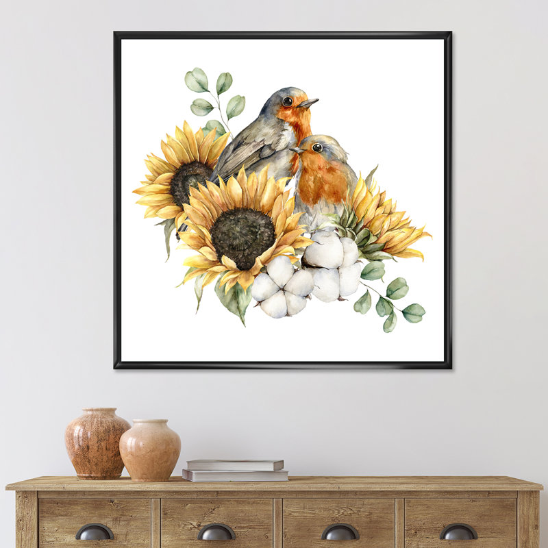 Bouquet d'automne avec coton Redbreasts Sunflowers - peinture sur toile à cadre flottant, H 16 po x l 16 po x P 1 po
