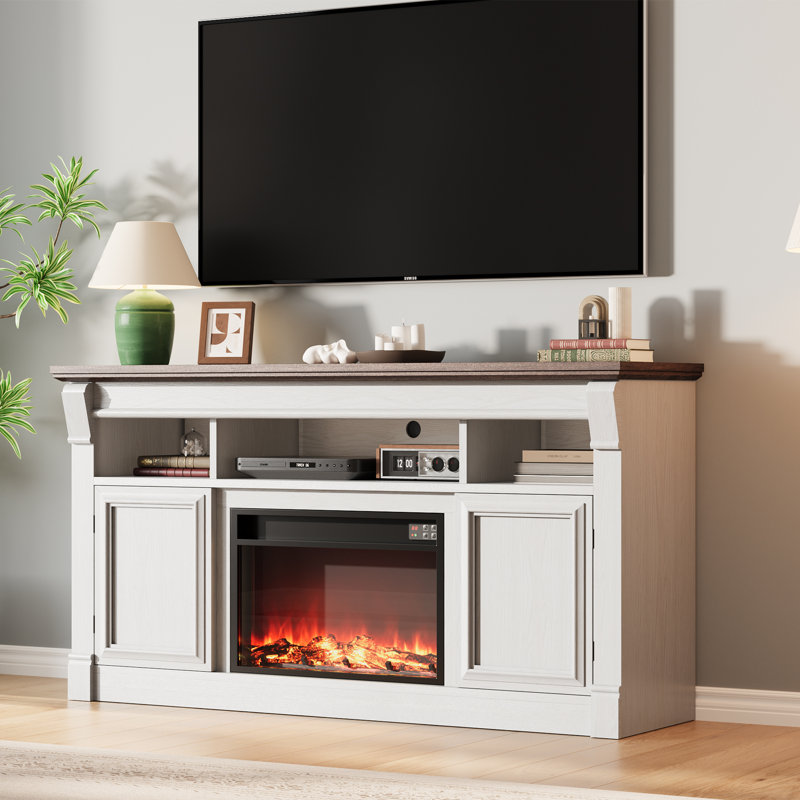 59" Farmhouse TV Stand for TVs Up to 65 Inches, Entertainment Center with Open Storage Cabinets, White/Brown