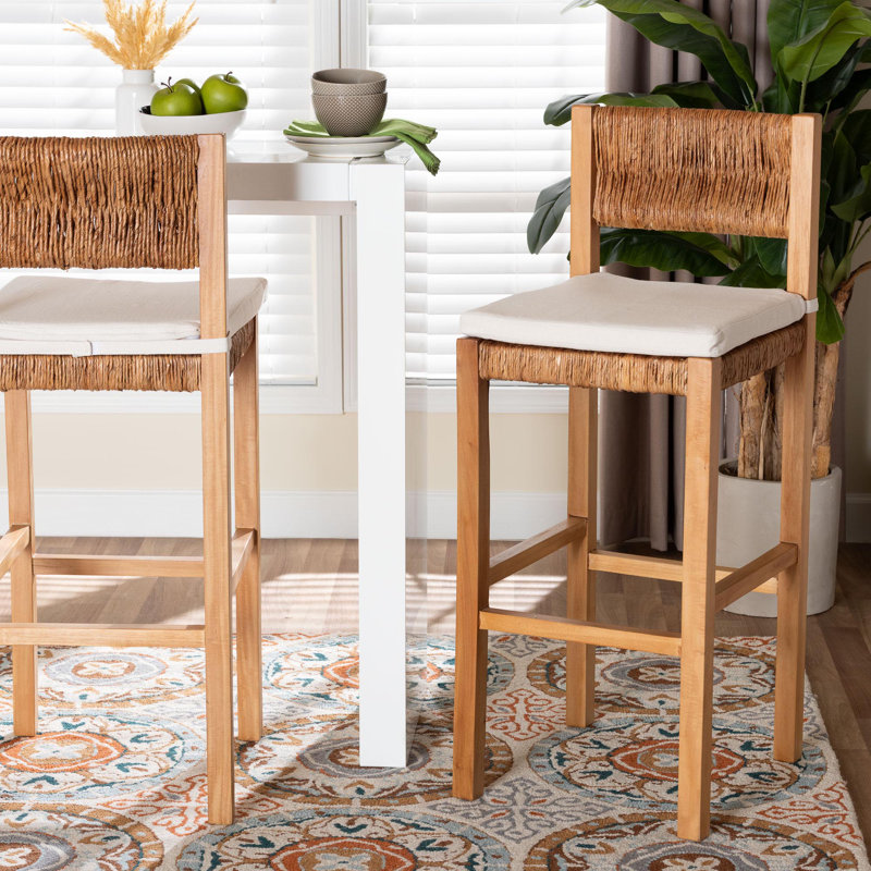 bali & pari Pava Woven Seagrass Bar Stool - Solid Mahogany Wood Stool with Textured Back, Coastal Boho Seating for Kitchen or Lounge, Bar Height