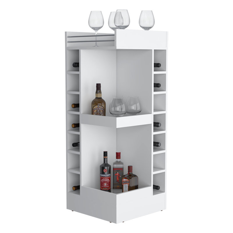 Bar d'angle avec support à vin et tablettes ouvertes, finition en mélamine blanche, conception peu encombrante pour le divertissement à domicile