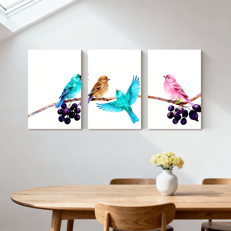 Oiseaux colorés sur une branche avec des raisins, ensemble de 3 impressions sur toile, H 24 po x l 48 po
