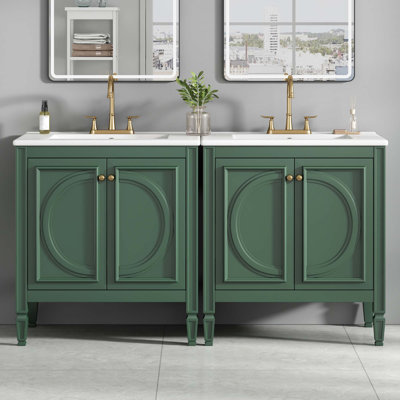 Ensemble de meuble-lavabo 60 po avec lavabo double 60 po, lavabo en céramique, portes à fermeture en douceur avec tablette et tiroir de rangement