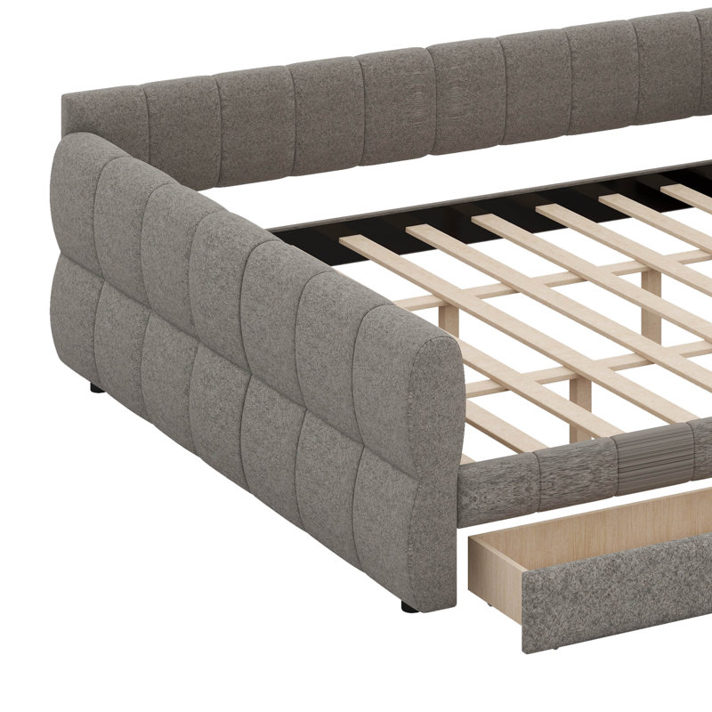 King Size Upholstered Platform Bed Frame With USB Ports & 2 Storage Drawers, Modern Lambswool Fabric Daybed Frame With Armrests