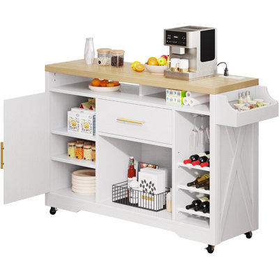 Large Kitchen Island With Built-In Power Outlet, Rolling Cart With Wine Rack, Mobile Storage Unit With Spice Rack And Glass Holder, Sturdy Engineered by Latitude Run