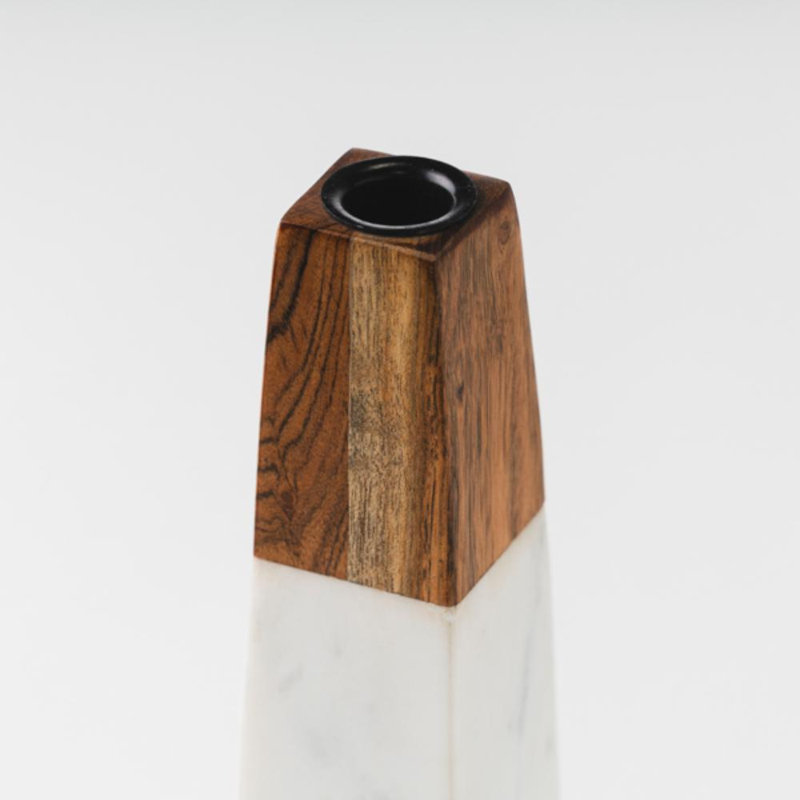 Porte-bougie conique en marbre blanc et acacia 9 po