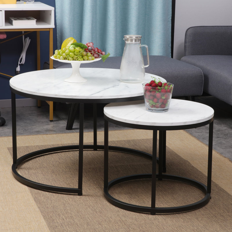 Oryan Frame Nesting Tables Set - 2-Tier Storage End Tables, Space Saving, Marble, Black