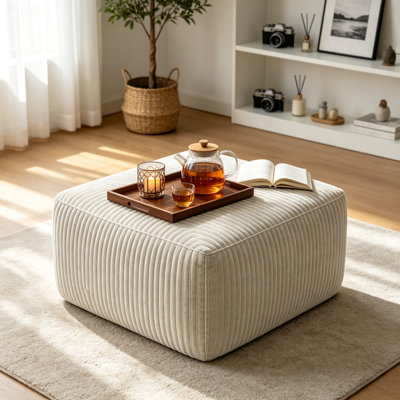 37" oversized plush ottoman in beige with soft foam and spring fill, square footrest stool for living room bedroom