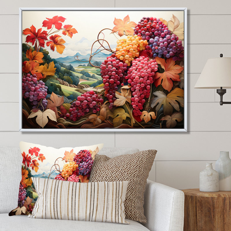 «Atworth Pink Coral Grapes Vineyard Pointillism», reproduction, H 12 po x l 20 po x P 1 po, Cadre flottant blanc