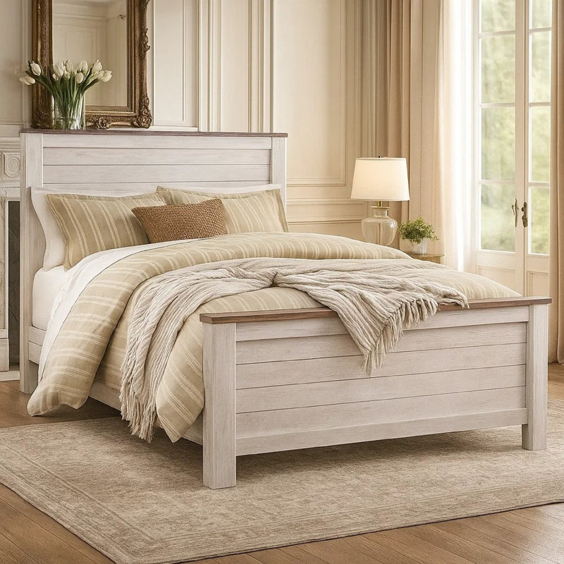 Grand lit à panneaux Isla, motif de faux planches, blanc délavé et bois brun, Grand