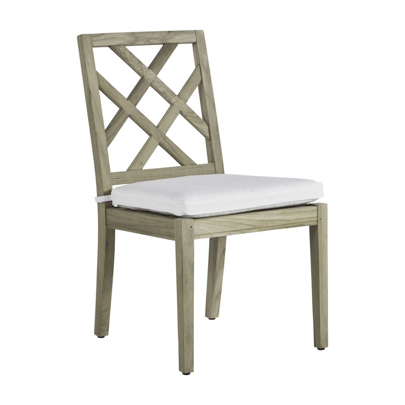 Haley Patio Dining Side Chair with Cushions, Oyster Teak, Rollo Lace, Welt