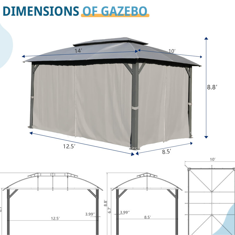 Pavillon de jardin 10 pi x 14 pi - gris Double toit ventilé, rideaux d'intimité. Structure en métal. Filet amovible. Pour le patio extérieur, la cour arrière, la terrasse, la pelouse 10 X 14 pi, les toits pour la ventilation. . . Spacieux de 6 à 8 po. Utilisation