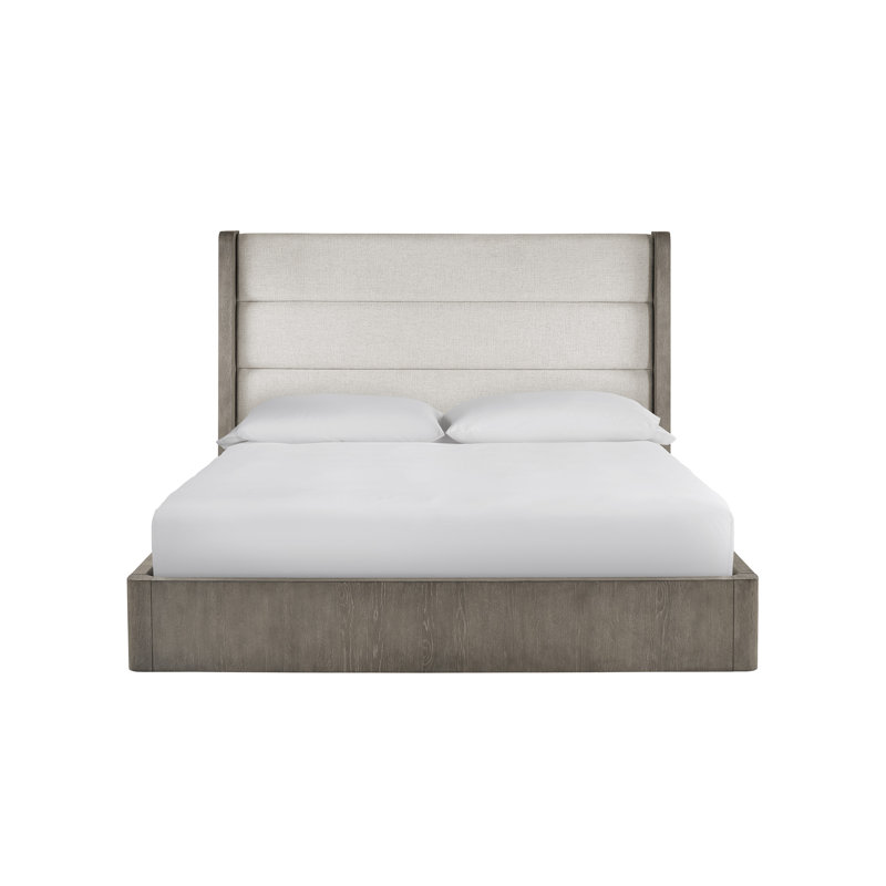 King Beige Upholstered Low Profile Bed with Wood Frame