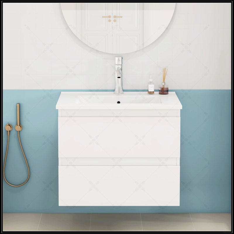 Ensemble de meuble-lavabo 24 po avec lavabo, deux grands tiroirs, système de fermeture en douceur, conception sans poignée, finition blanc brillant