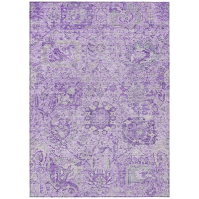 3' X 5' Lavender And Gray Damask Washable Indoor Outdoor Area Rug