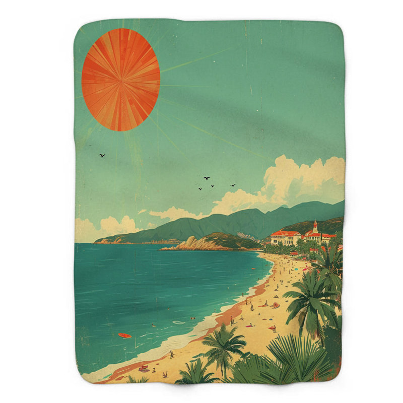 Rétro motifs de plage - couverture Sherpa de qualité supérieure 1 pièce, Grand lit