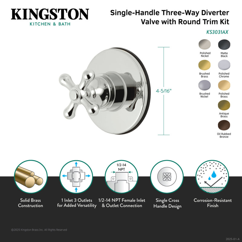 Kingston Brass Single-Handle Wall Mount Three-Way Diverter Valve with Trim Kit, Polished Chrome