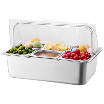 Countertop Food Serving Display Container, 6 Pan Stainless Steel Food Serving Tray, Buffet Condiment Dispenser Display Rack with Clear Lid and 3 Freezer Boxes, for Restaurant Hotel Kitchen Party