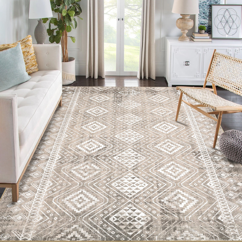 Tapis beige / blanc en polyester tissé à la machine Klyde Southwestern, Rectangle 9 pi x 12 pi