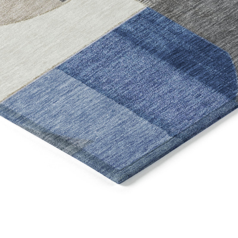 Tapis intérieur / extérieur 10 pi x 14 pi bleu gris et ivoire à motif géométrique lavable