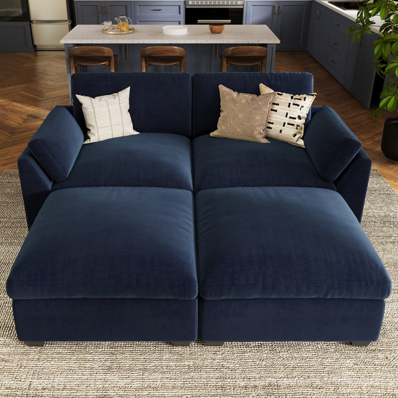 Velvet & Wide Short Plush Soft Modular Sofa Bed Apartment Sofa With Detachable Cushion Cover, Blue Velvet