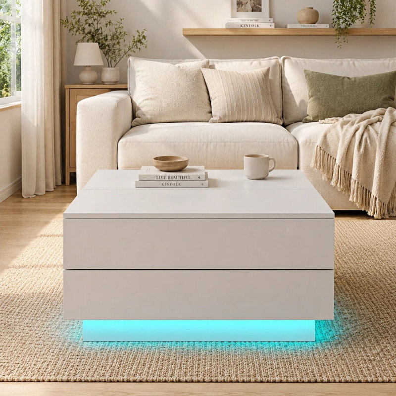 Square Lift Top Coffee Table with Hidden Storage, White
