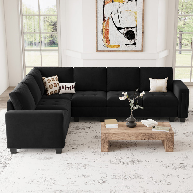 Canapé modulaire en L 5 pièces Shavera, Velours noir