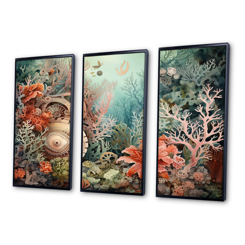 «Coral Pirate Wheel Memory», ensemble d'impression d'art mural corail sous l'eau, Cadre flottant noir