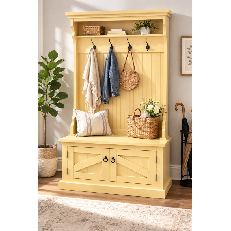 Arbre d'entrée en bois massif Kinley avec banc et rangement pour chaussures, Jaune