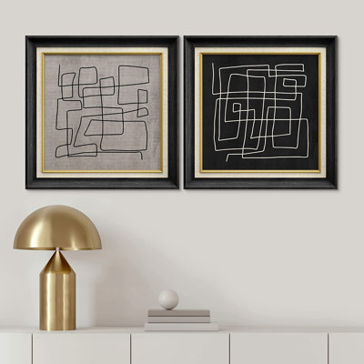 " Mid-Century Modern Black And White Line " 2 - Pieces
