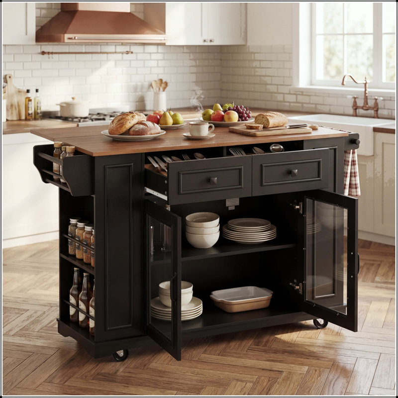 Îlot de cuisine 54 po avec rangement pour porte en verre, prise de courant et porte-couteau - noir, Noir, noyer