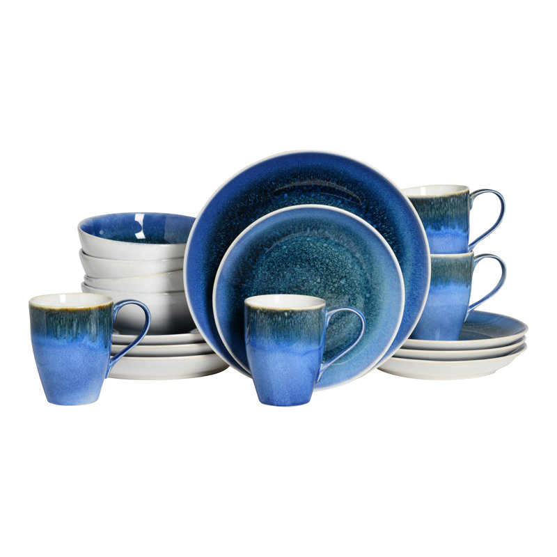 Caldera Piece Stoneware Dinnerware Set - Service for 4, Blue / White / Grey