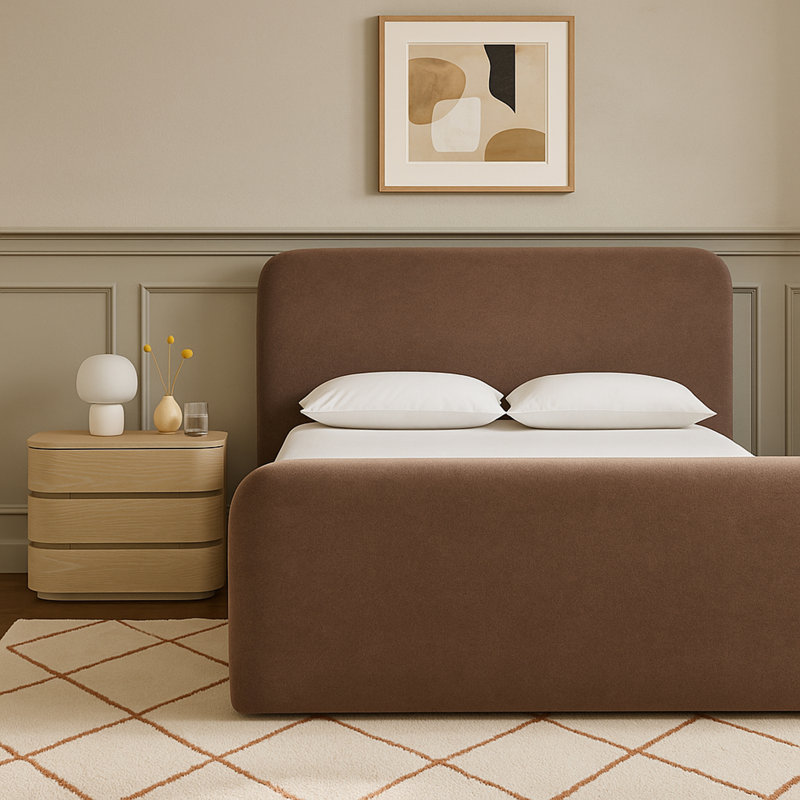 Fira Daliah Chenille Fabric Upholstered Bed, Brown Chenille Fabric, Full / Double