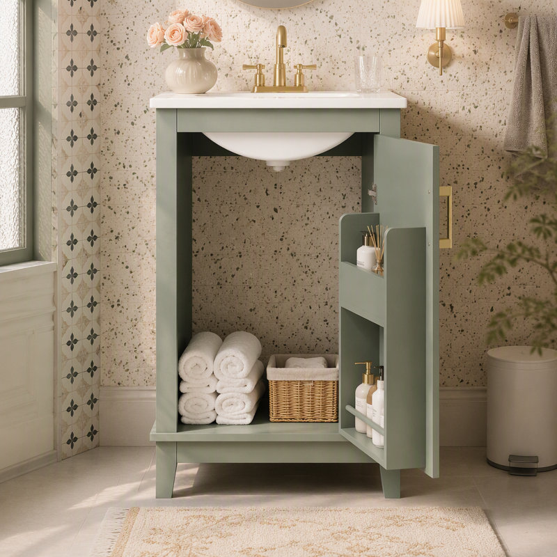 Petit meuble-lavabo moderne de 20 pouces avec lavabo en céramique - 20 * 14,5 * 33,3 pouces, rangement spacieux, 1 porte à fermeture douce