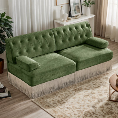 Canapé modulaire Chesterfield de 76,6 po en velours modulaire, canapé modulaire rembourré avec accoudoirs réglables et jupe à franges à pampilles, fauteuils capitonnés à 2 places pour le salon, appartement