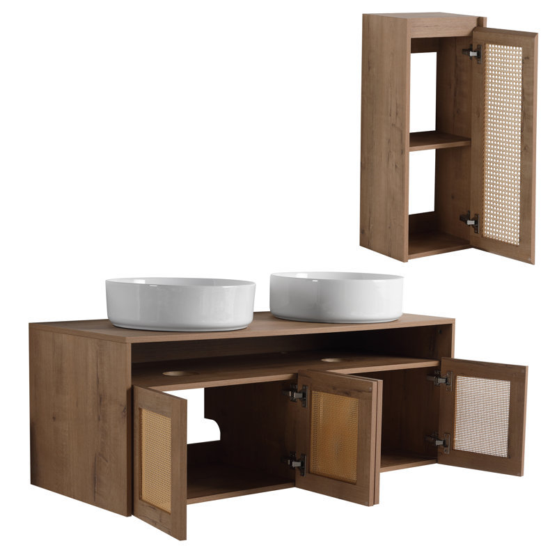 Meuble-lavabo 48 po avec 2 lavabos en céramique et armoire latérale, 4 portes à fermeture douce, 48", Blanc