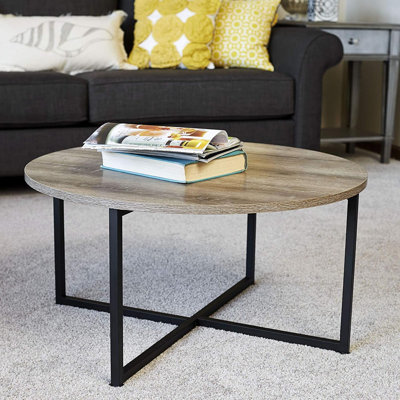 Table basse ronde en bois de frêne rustique et en métal noir 31,5 x 31,5 po ménage taupe