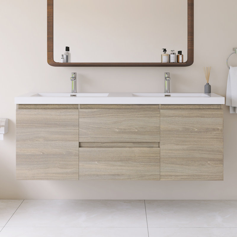 Meuble-lavabo mural simple avec plateau en résine intégré blanc, Blanc