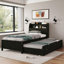 Lit plateforme simple pour chambre d'amis, finition en contreplaqué brun avec éclairage DEL, lit gigogne escamotable et tiroirs de rangement intégrés
